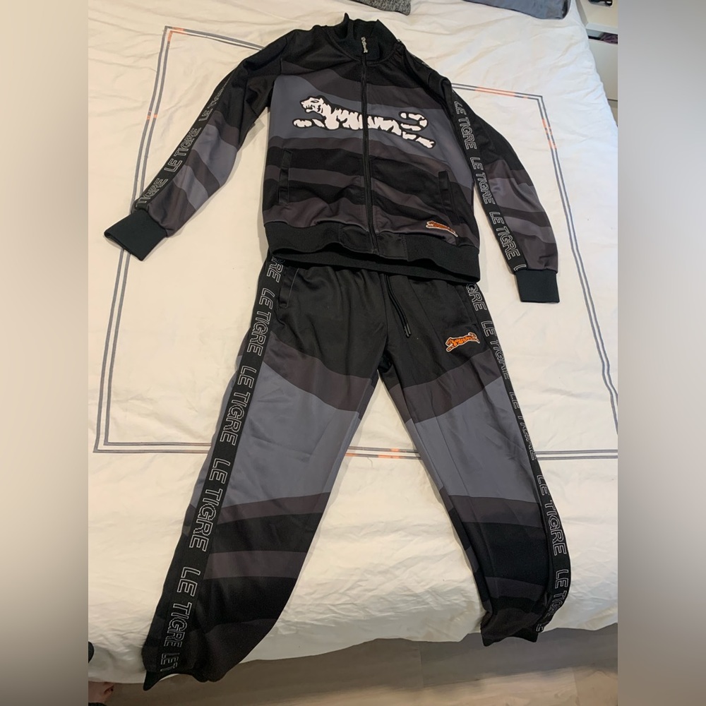 Le Tigre Tri-Color Track Jacket AND Track Pants Size M Men's Grey & Black